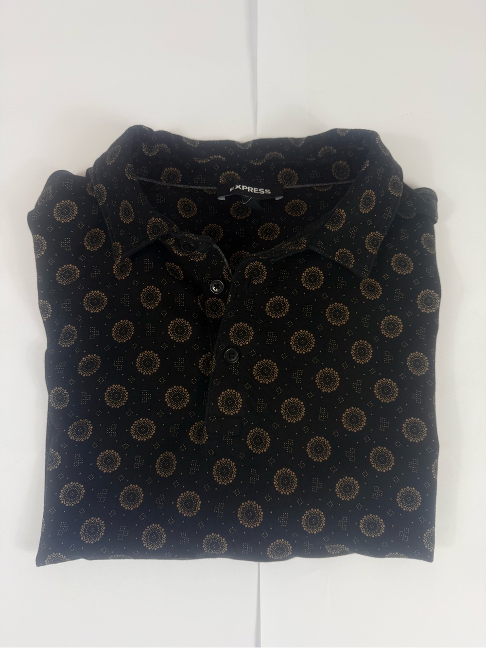 Express Men's Black Polo with Tan Medallion Print Size XL